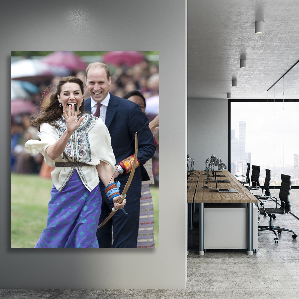 Prince William and Kate laughing trying archery in Bhutan Canvas Print or Poster