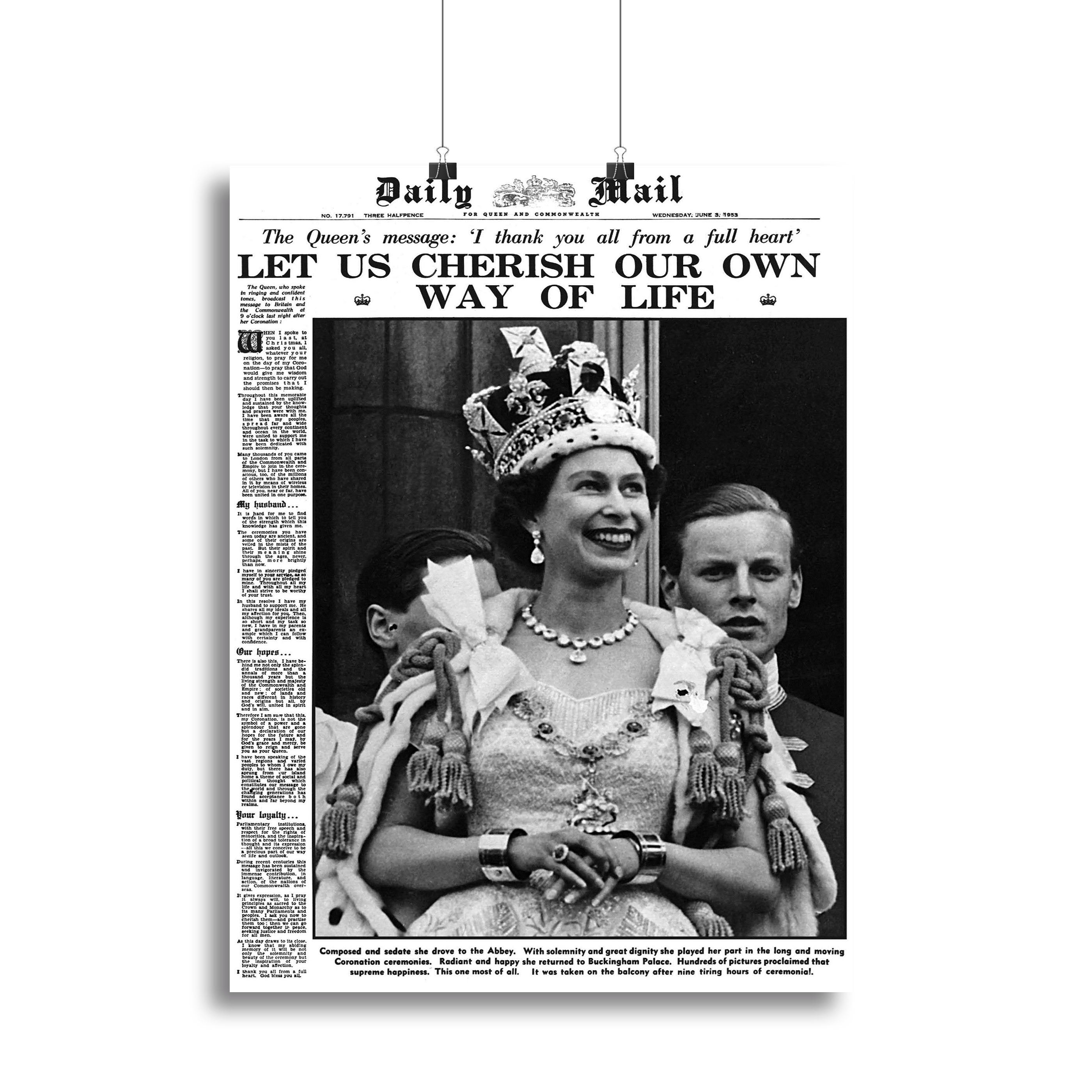 Queen Elizabeth II Coronation Daily Mail front page 3 June 1953 Canvas Print or Poster
