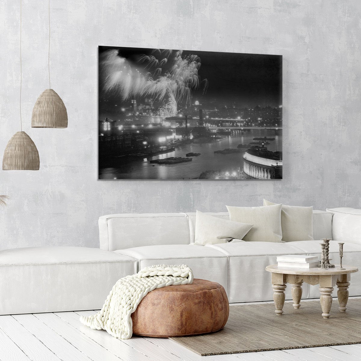 Queen Elizabeth II Coronation evening fireworks on the Thames Canvas Print or Poster