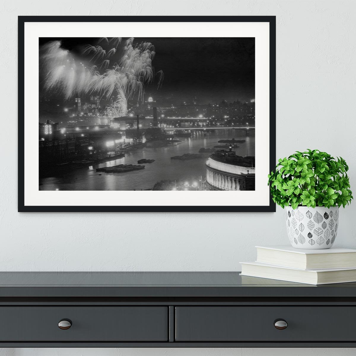 Queen Elizabeth II Coronation evening fireworks on the Thames Framed Print - Canvas Art Rocks - 1
