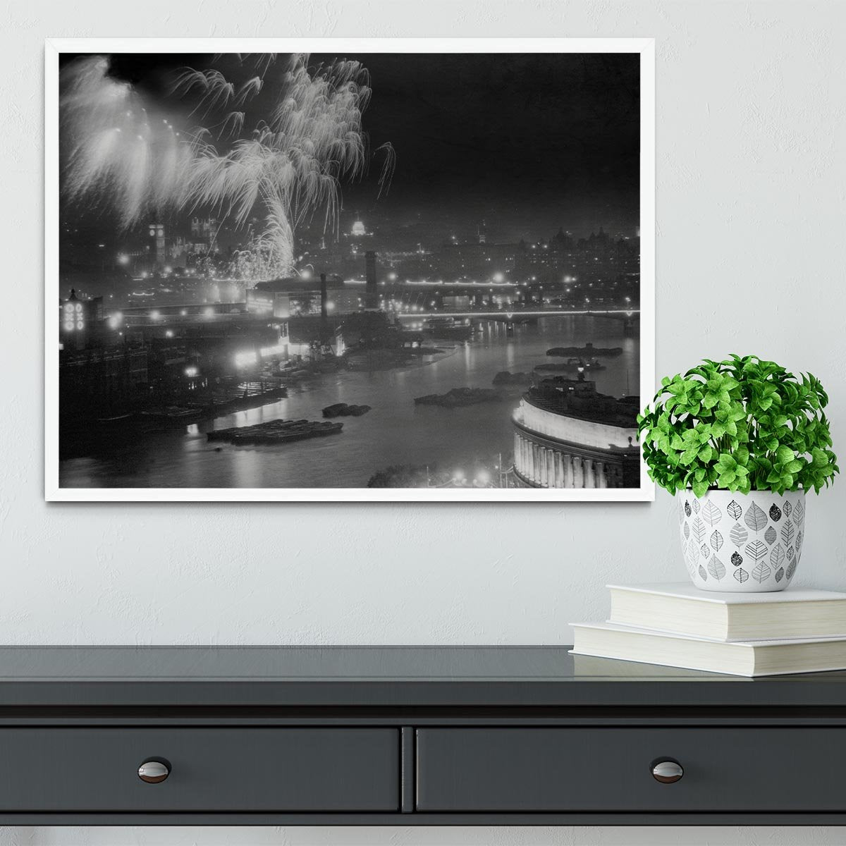 Queen Elizabeth II Coronation evening fireworks on the Thames Framed Print - Canvas Art Rocks -6