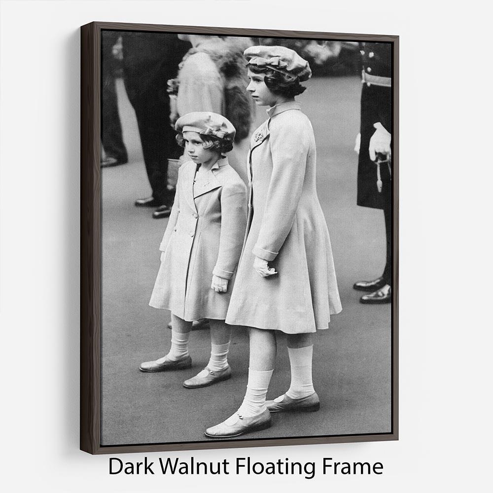 Queen Elizabeth II as a child with her sister in matched outfits Floating Frame Canvas