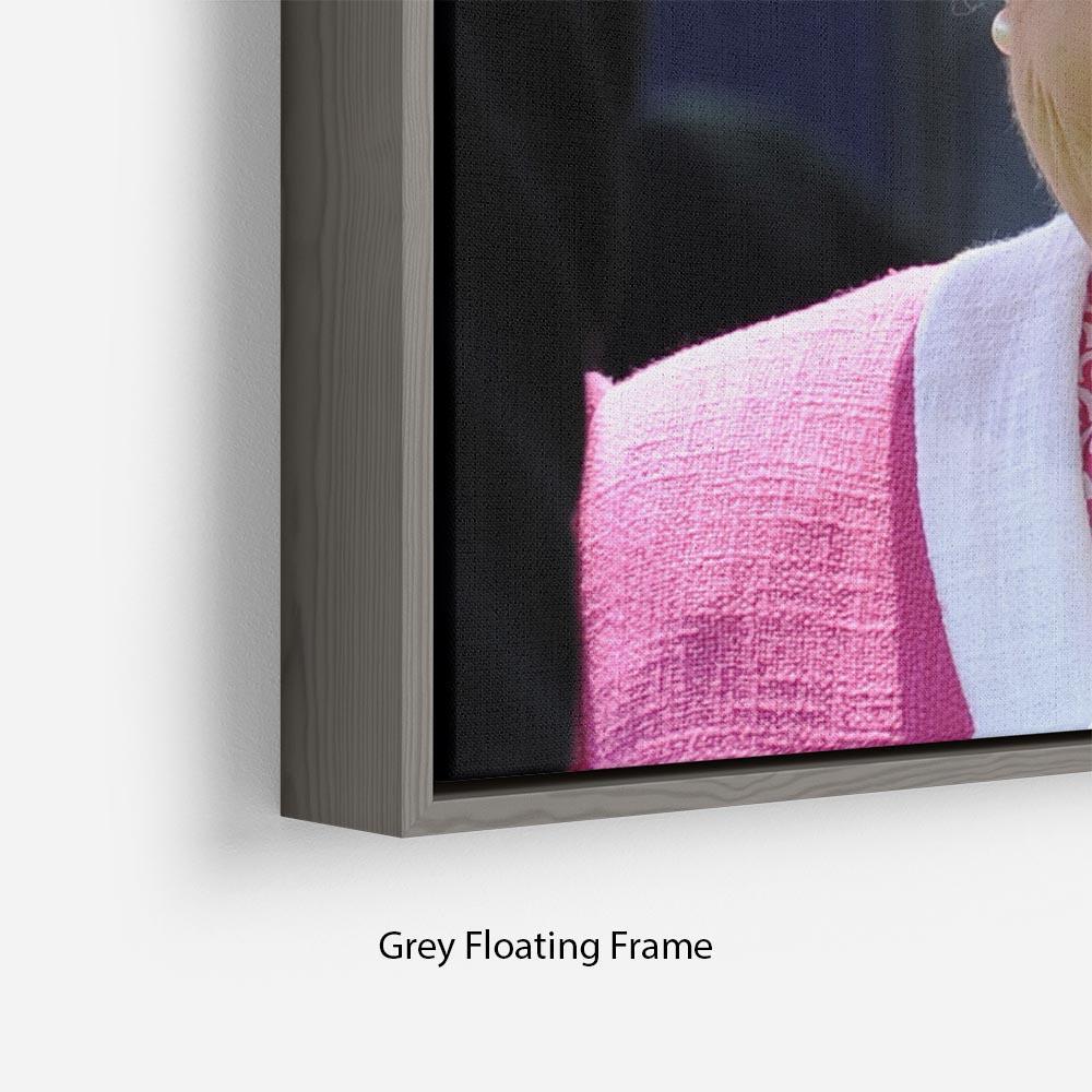 Queen Elizabeth II smiling at the Derby Floating Frame Canvas