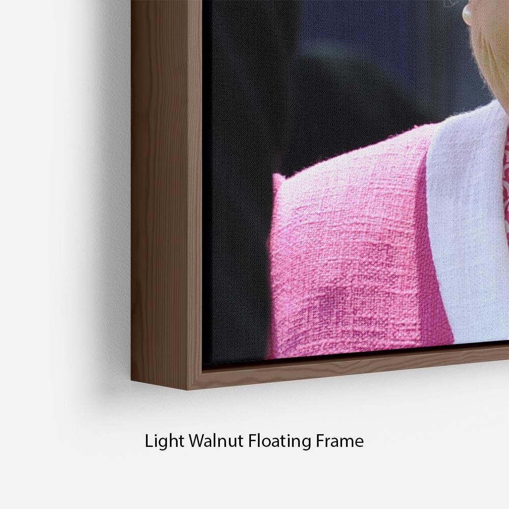 Queen Elizabeth II smiling at the Derby Floating Frame Canvas