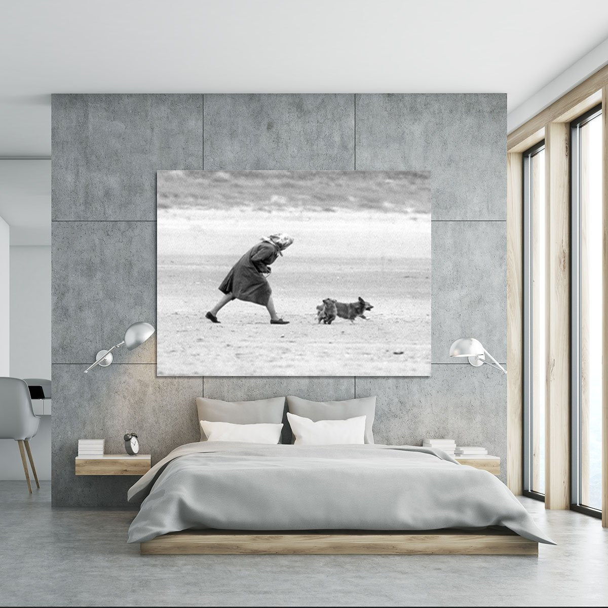 Queen Elizabeth II walking her pet corgis on a Norfolk beach Canvas Print or Poster