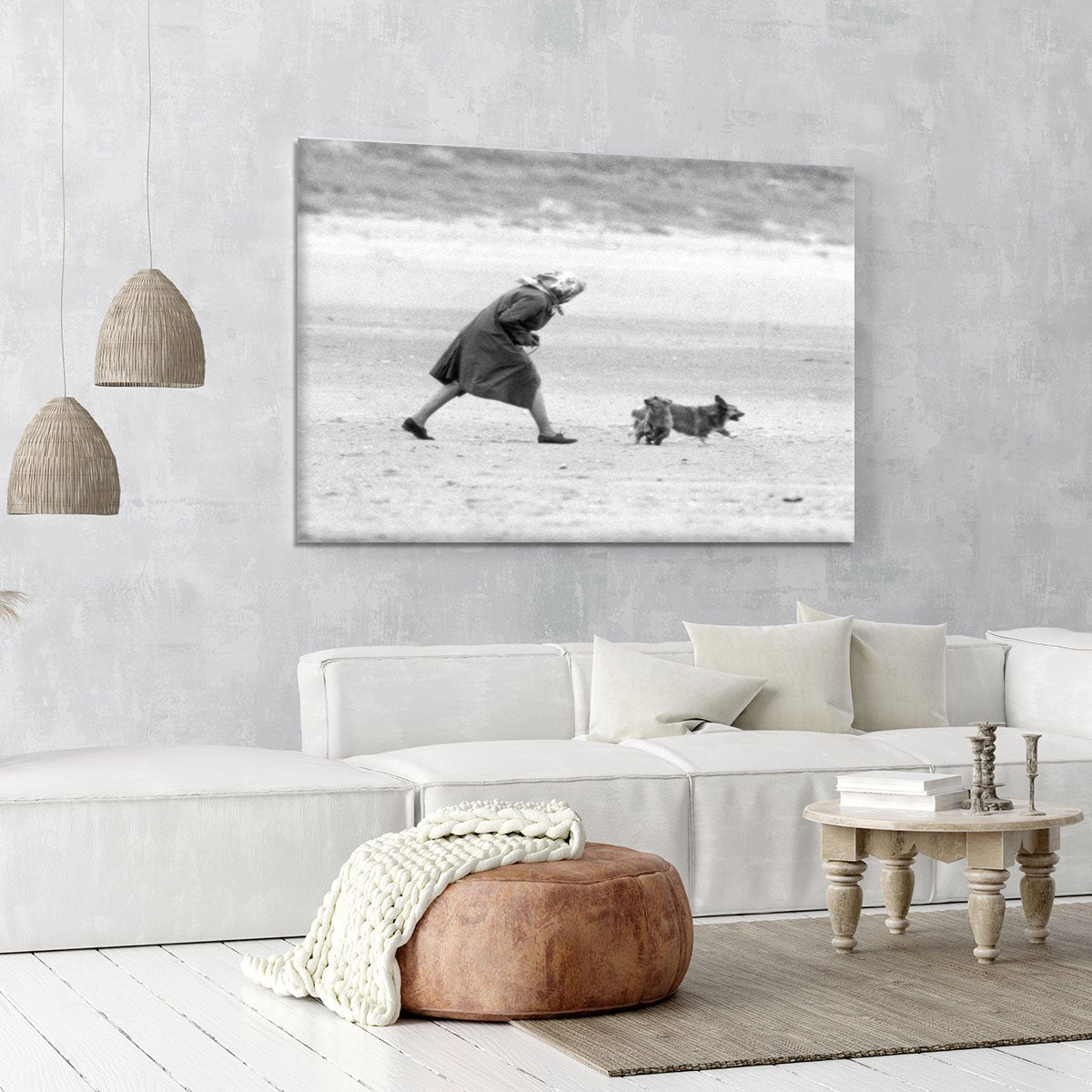 Queen Elizabeth II walking her pet corgis on a Norfolk beach Canvas Print or Poster