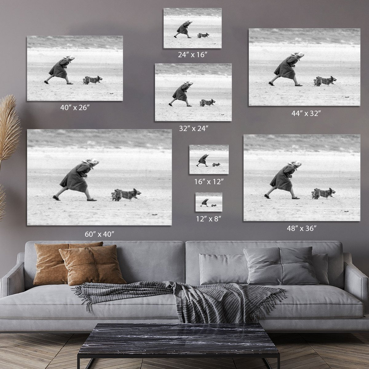 Queen Elizabeth II walking her pet corgis on a Norfolk beach Canvas Print or Poster