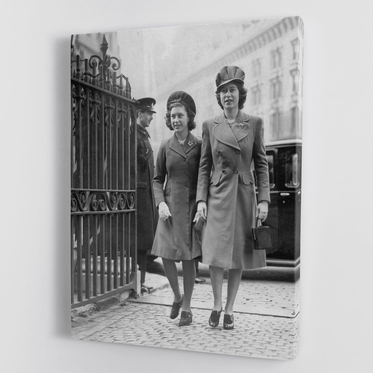 Queen Elizabeth II with Princess Margaret arriving at a wedding Canvas Print or Poster