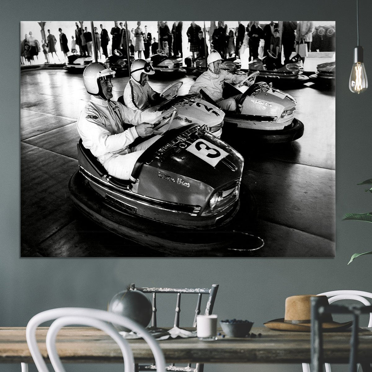 Racing drivers on the dodgems Canvas Print or Poster