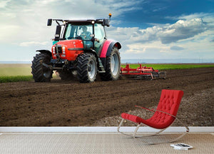 Red Tractor Wall Mural Wallpaper - Canvas Art Rocks - 2