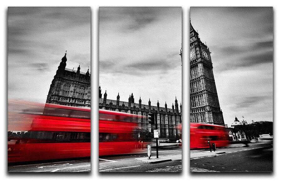 Red buses in motion and Big Ben 3 Split Panel Canvas Print - Canvas Art Rocks - 1