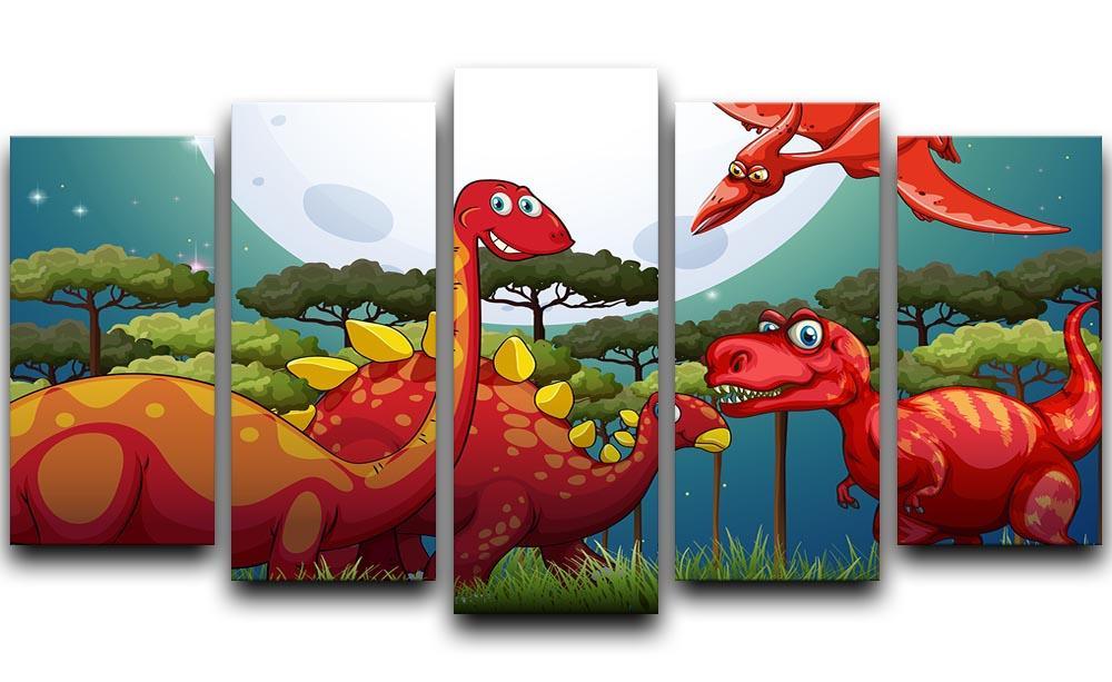 Red dinosuars under full moon 5 Split Panel Canvas  - Canvas Art Rocks - 1