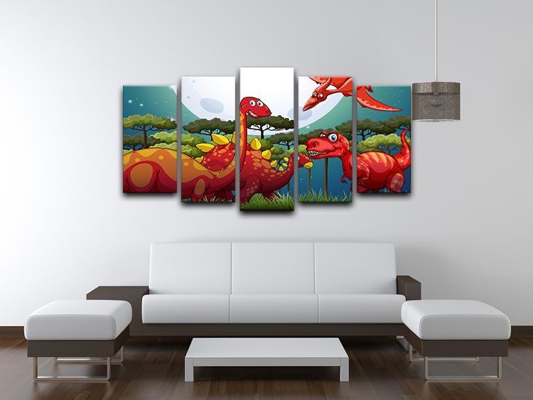 Red dinosuars under full moon 5 Split Panel Canvas - Canvas Art Rocks - 3