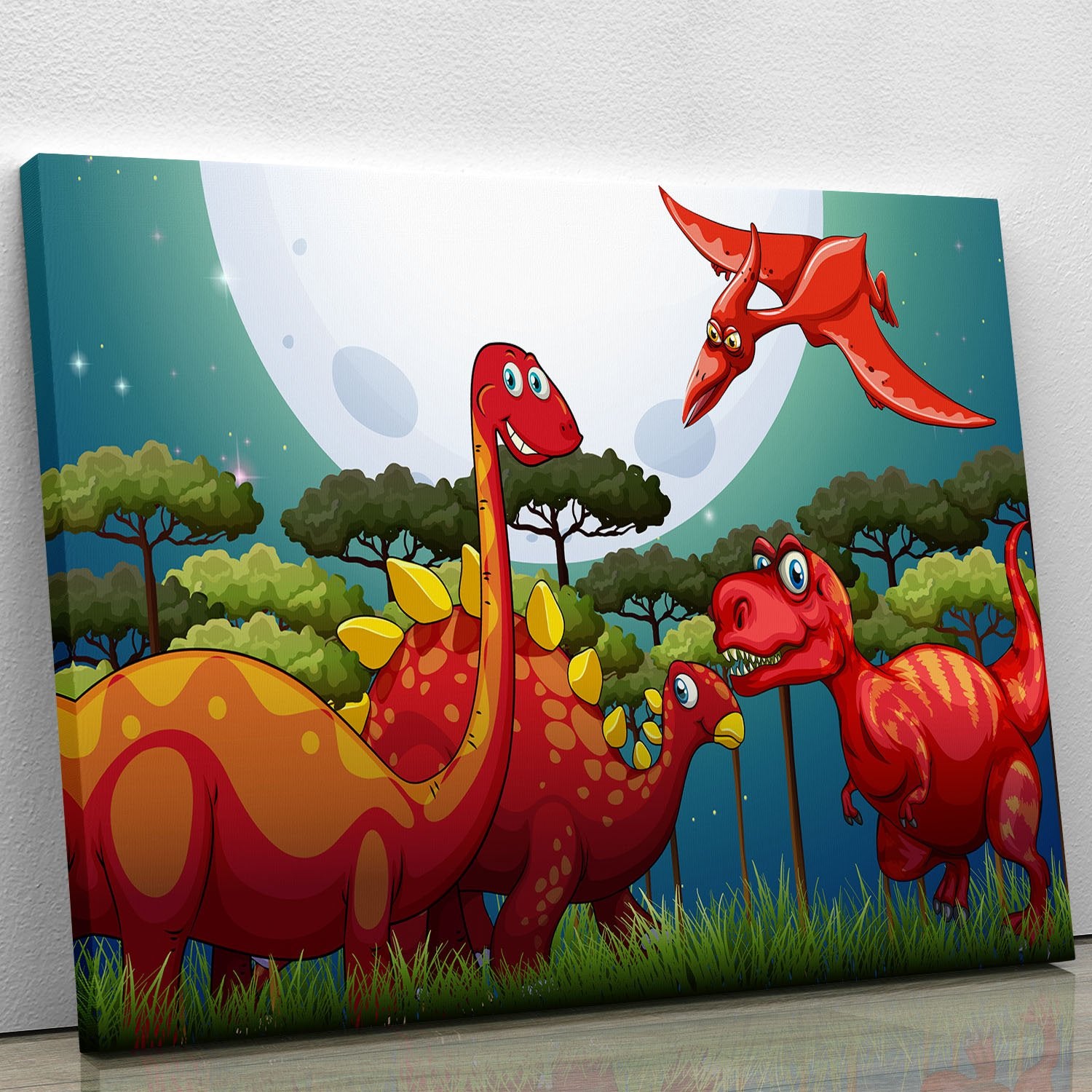 Red dinosuars under full moon Canvas Print or Poster