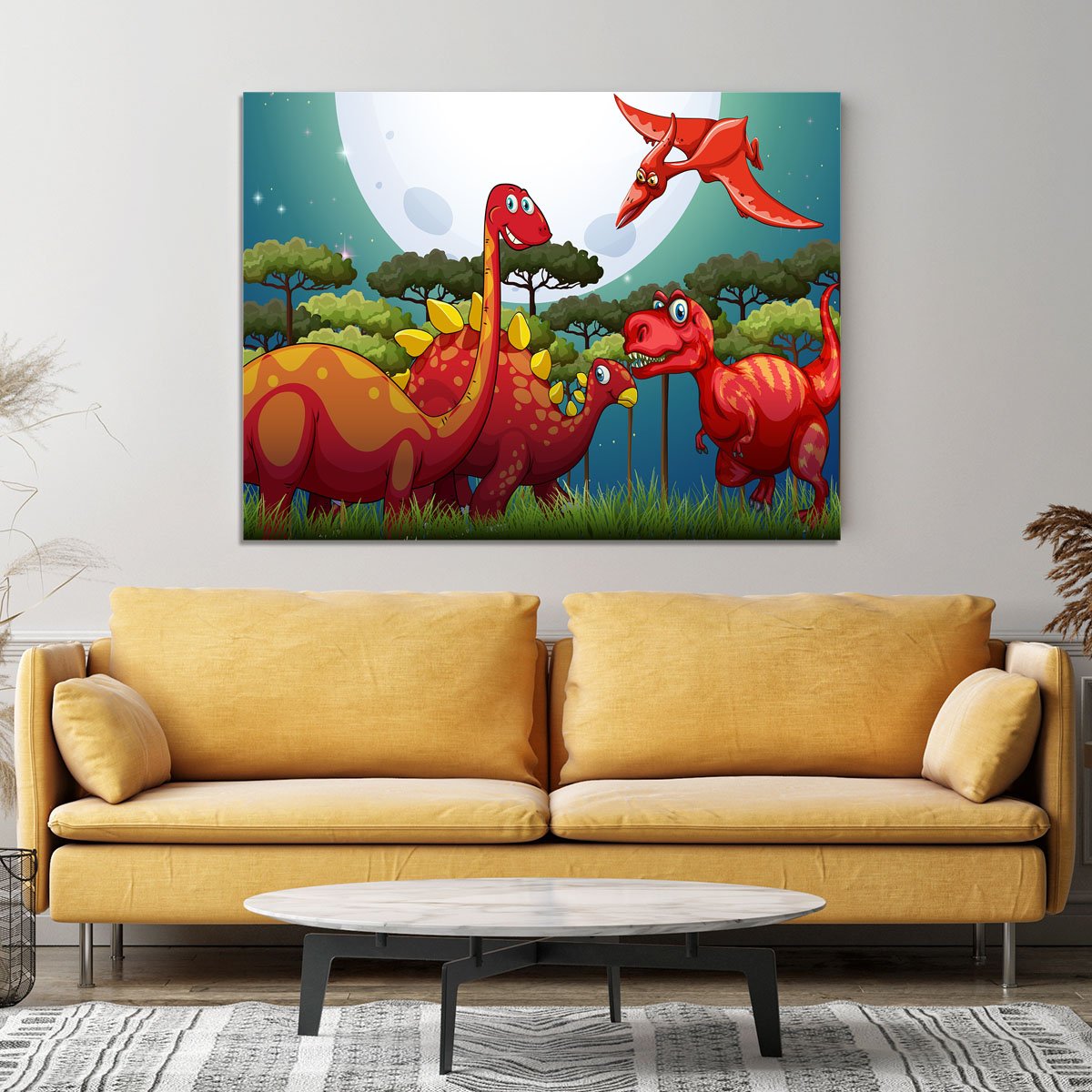 Red dinosuars under full moon Canvas Print or Poster