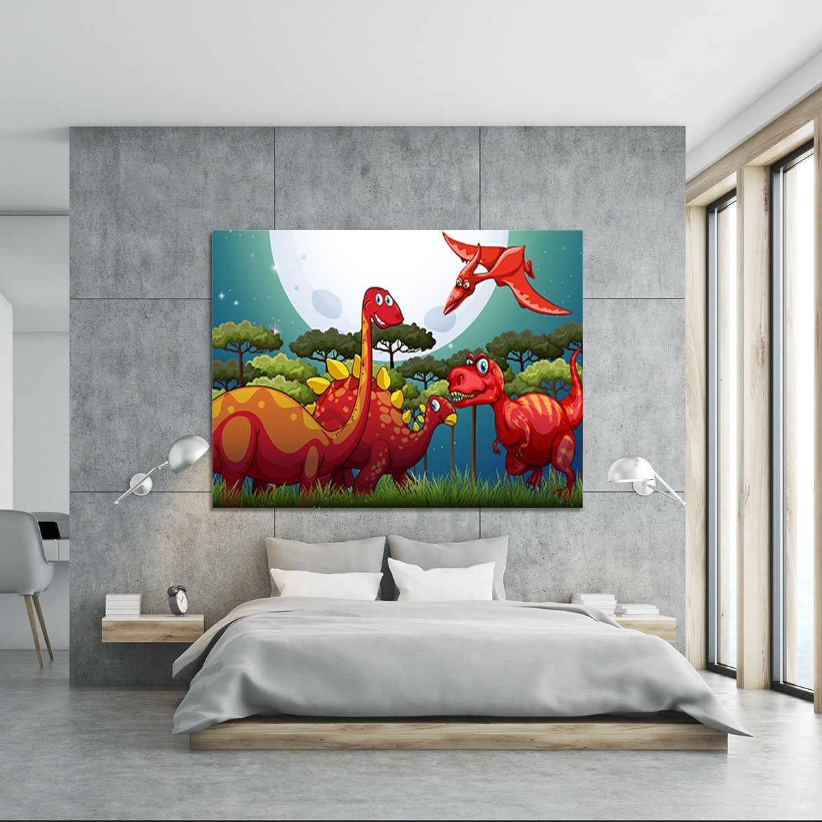 Red dinosuars under full moon Canvas Print or Poster