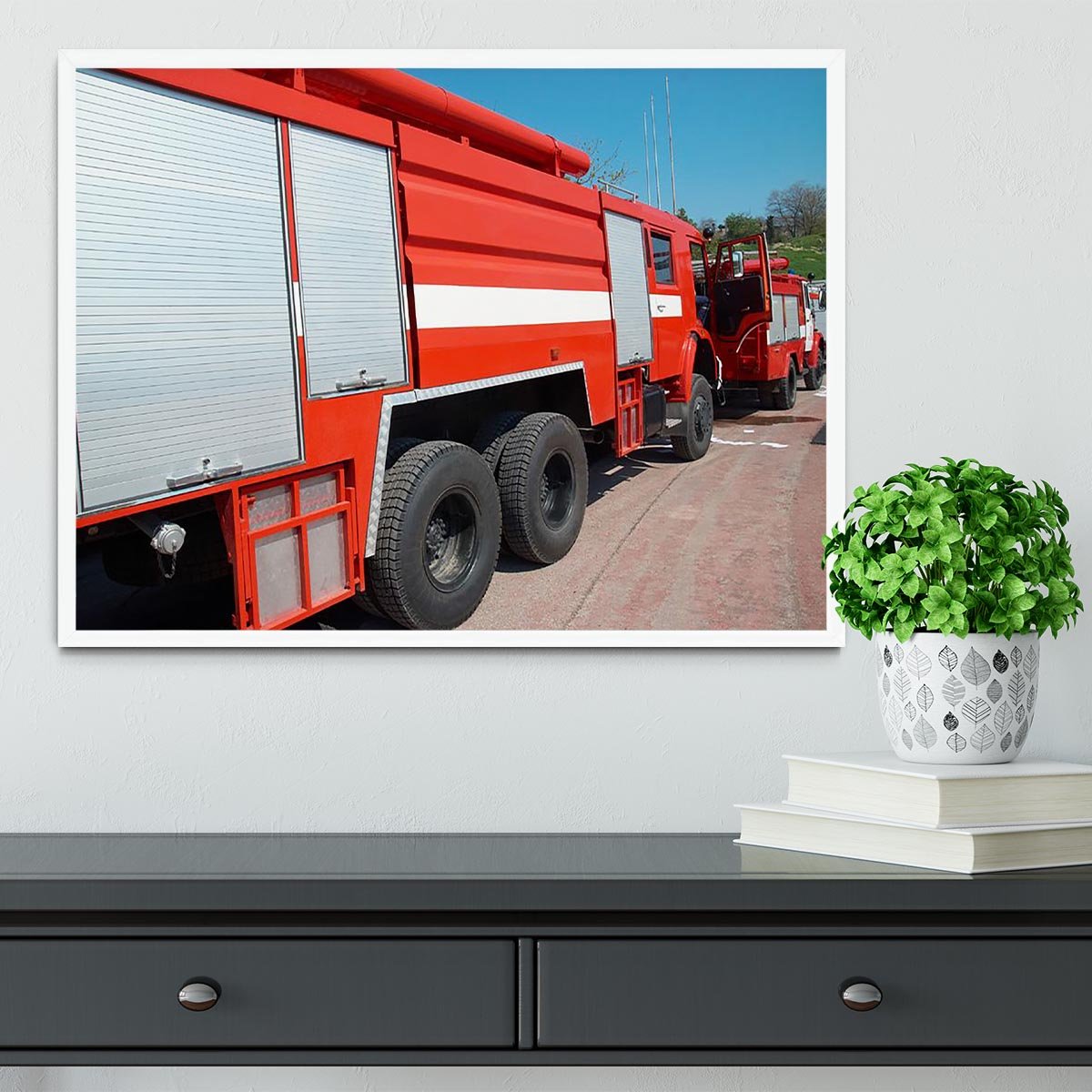 Red fire engine standing on the road Framed Print - Canvas Art Rocks -6