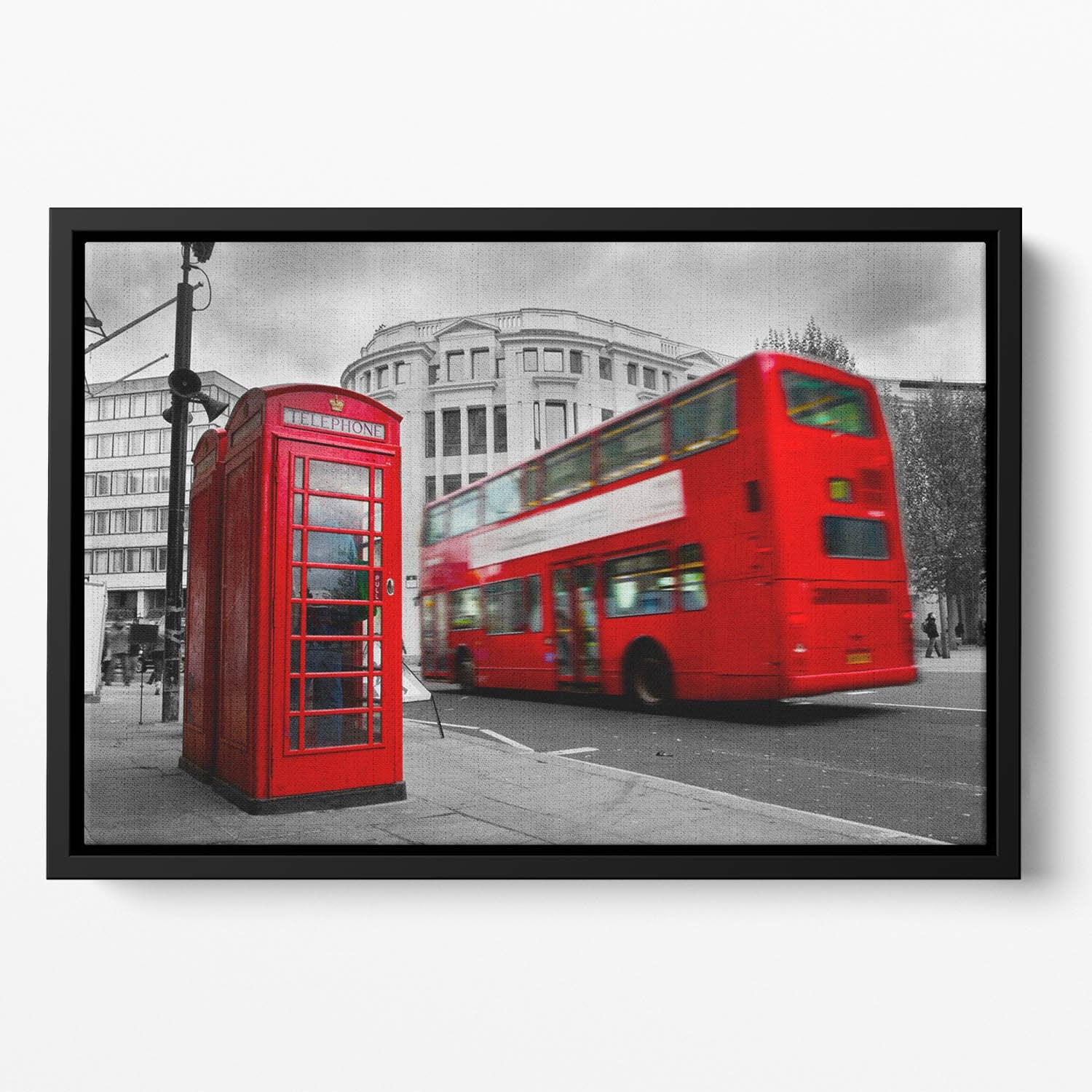 Red phone booth and red bus Floating Framed Canvas