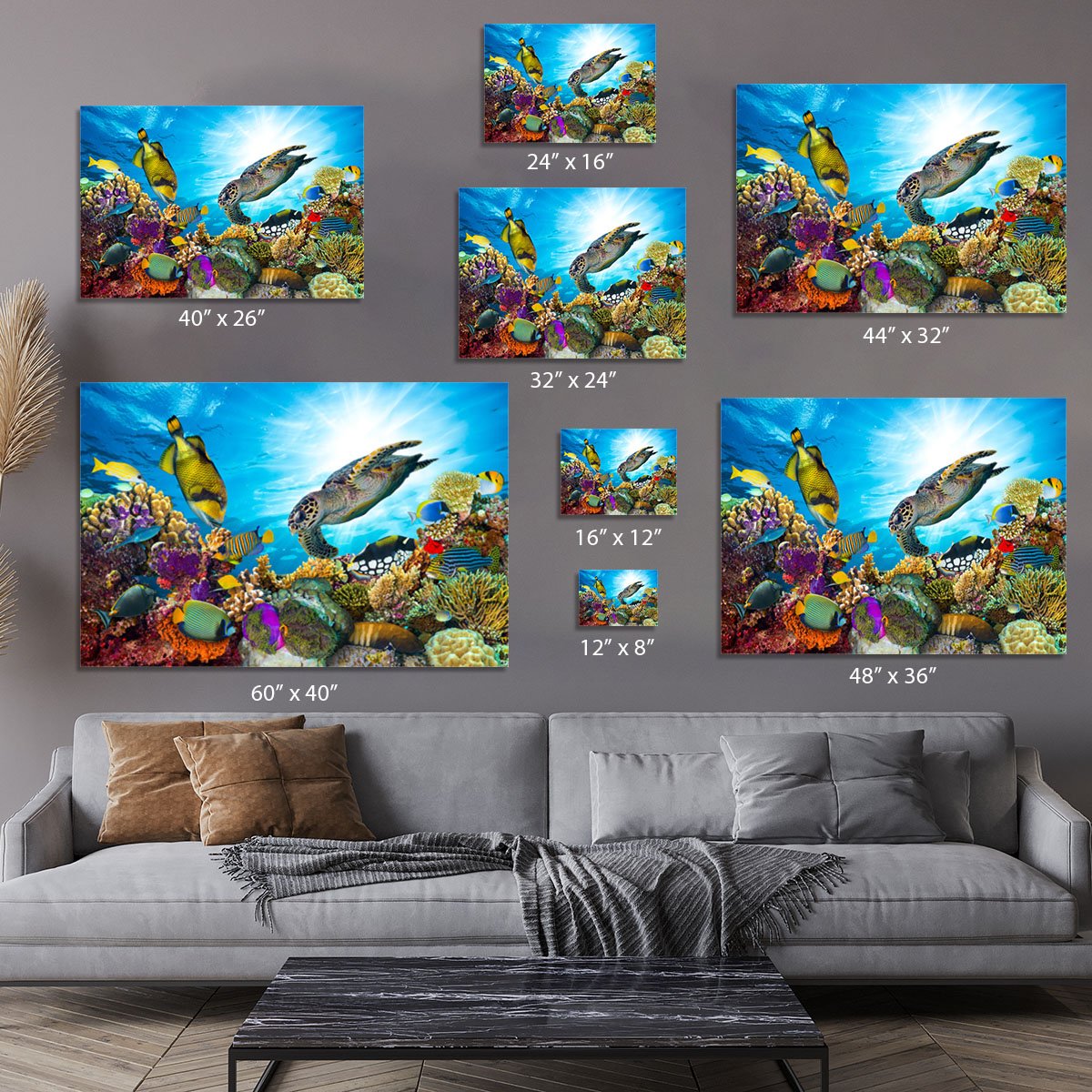 Reef with many fishes and sea turtle Canvas Print or Poster
