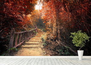 Road path way through dense trees Wall Mural Wallpaper - Canvas Art Rocks - 4