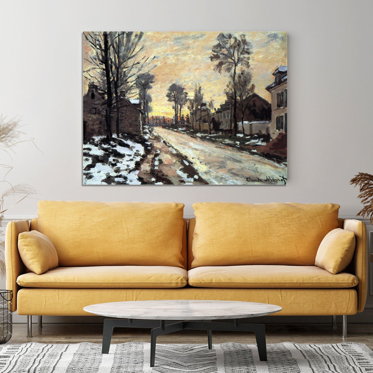 Road to Louveciennes melting snow children sunset by Monet Canvas Print or Poster