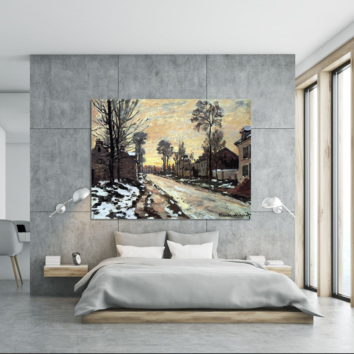 Road to Louveciennes melting snow children sunset by Monet Canvas Print or Poster