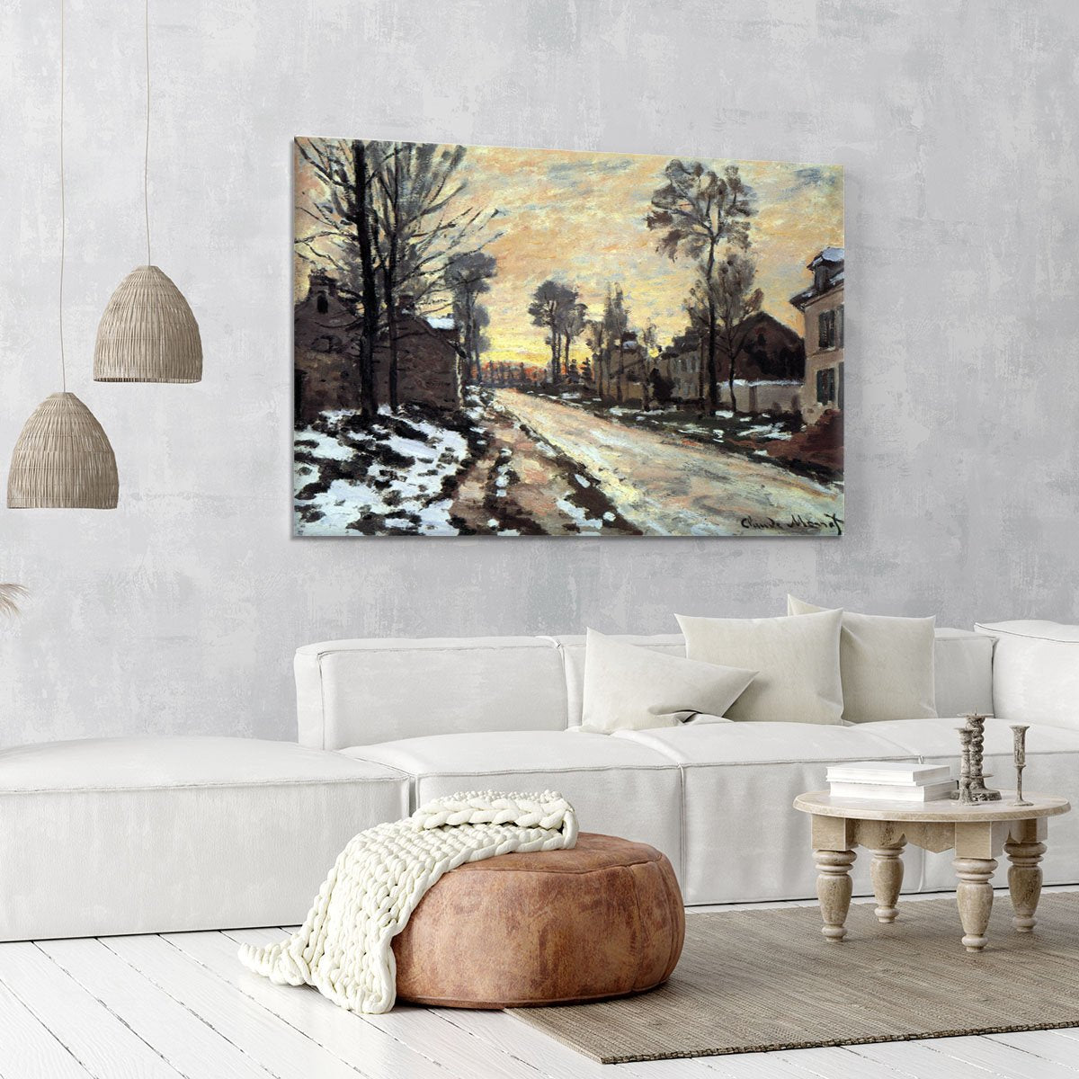 Road to Louveciennes melting snow children sunset by Monet Canvas Print or Poster