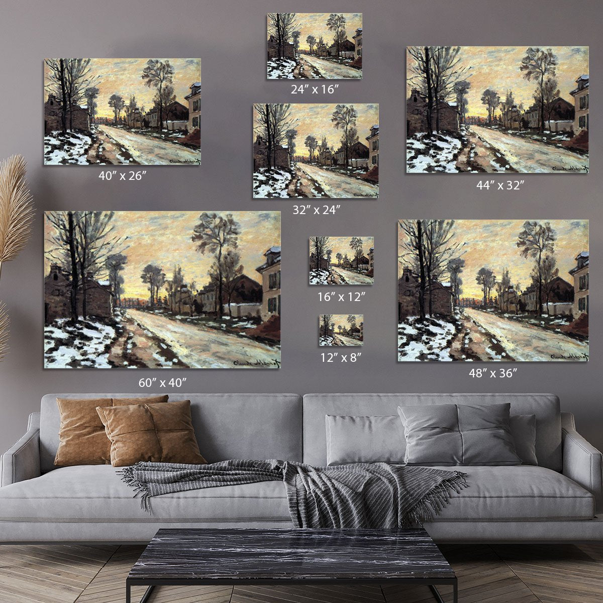 Road to Louveciennes melting snow children sunset by Monet Canvas Print or Poster