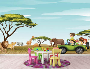 Roadtrip in the field full of animals Wall Mural Wallpaper - Canvas Art Rocks - 2