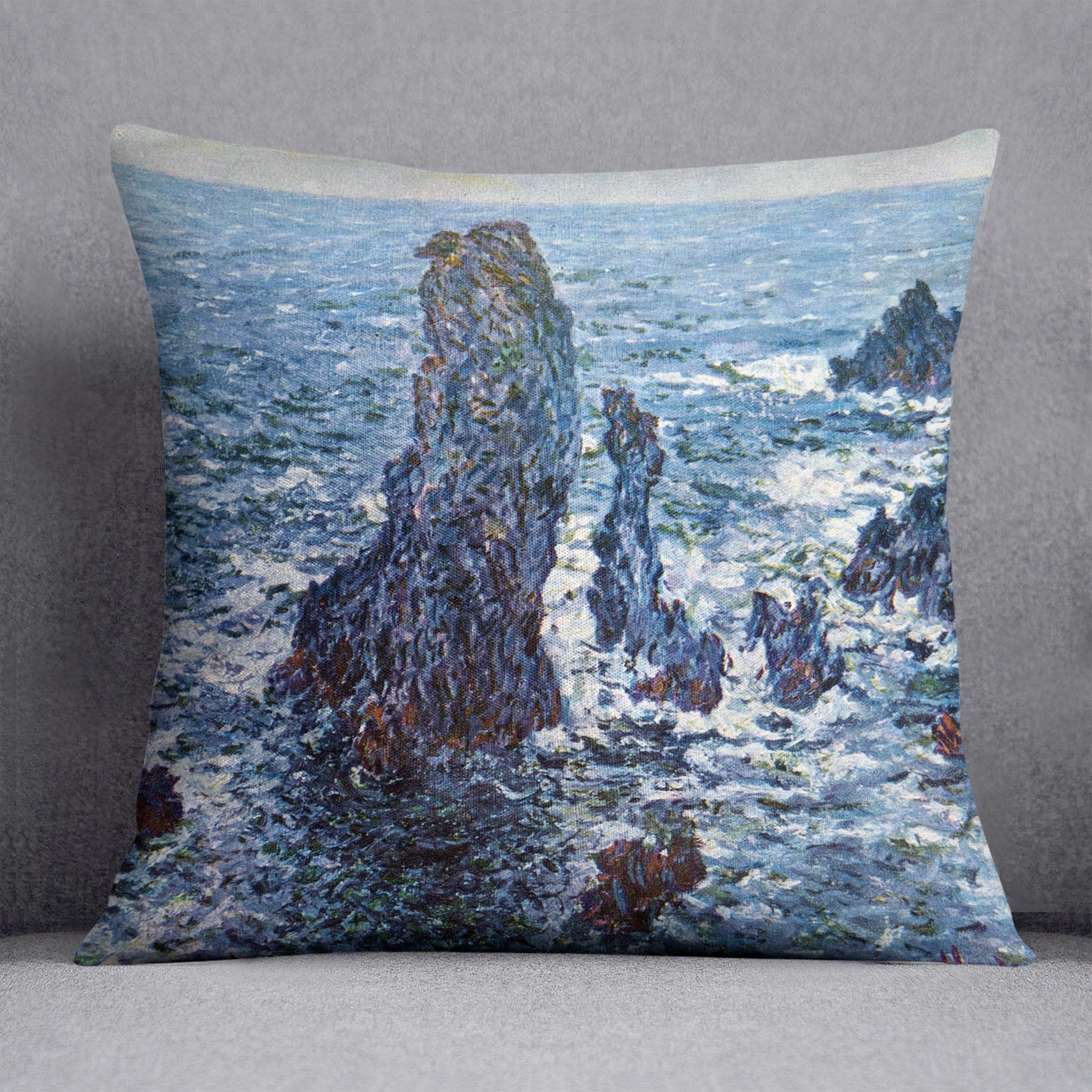 Rocks on Belle Ile The needles of Port Coton by Monet Throw Pillow