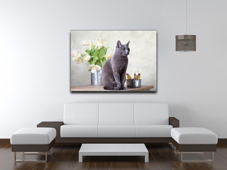 Russian Blue cat sitting on table with pears and tulips Canvas Print or Poster - Canvas Art Rocks - 4