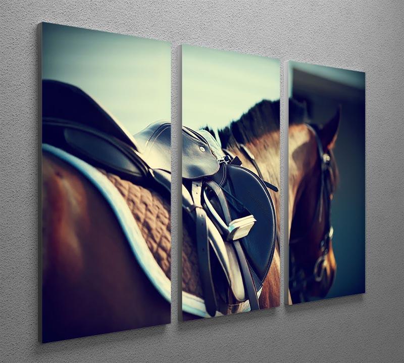 Saddle with stirrups on a back of a brown horse 3 Split Panel Canvas Print - Canvas Art Rocks - 2