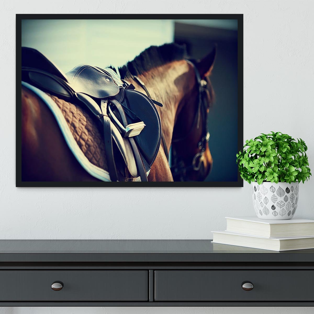 Saddle with stirrups on a back of a brown horse Framed Print - Canvas Art Rocks - 2