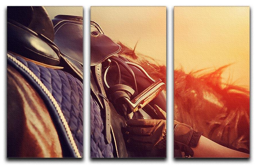 Saddle with stirrups on a back of a horse 3 Split Panel Canvas Print - Canvas Art Rocks - 1