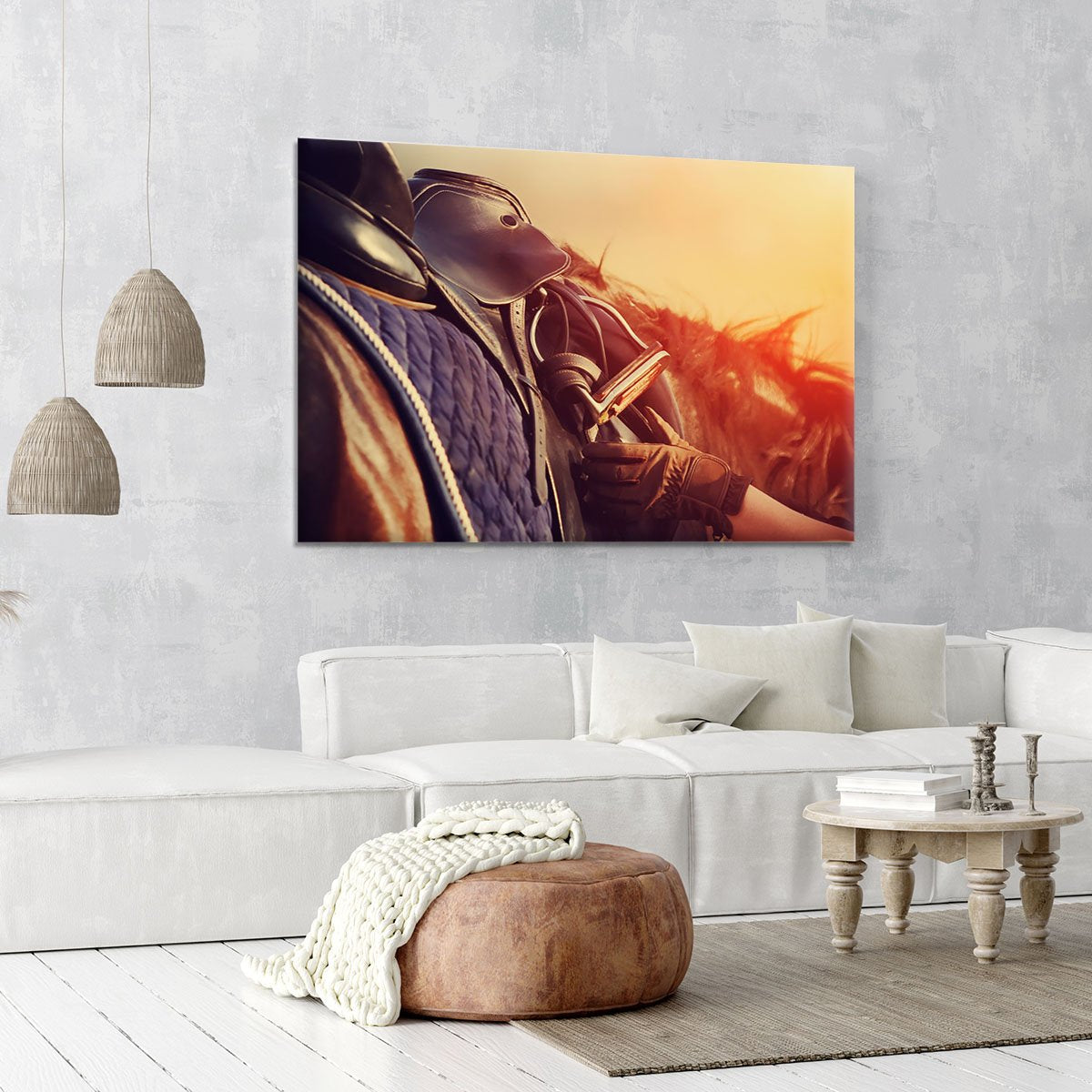 Saddle with stirrups on a back of a horse Canvas Print or Poster