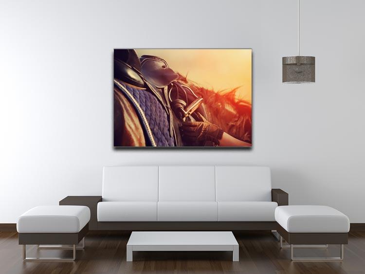 Saddle with stirrups on a back of a horse Canvas Print or Poster - Canvas Art Rocks - 4