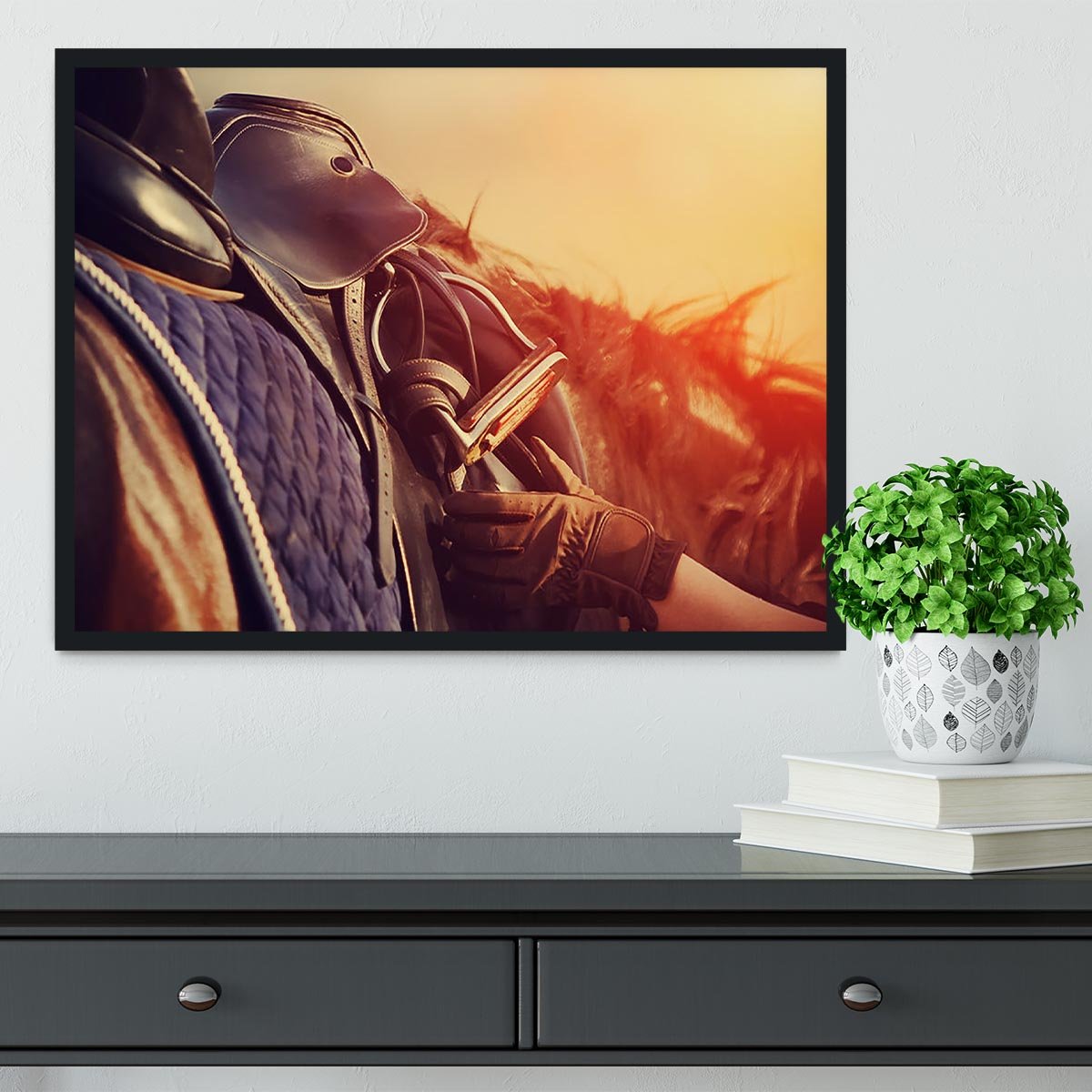 Saddle with stirrups on a back of a horse Framed Print - Canvas Art Rocks - 2