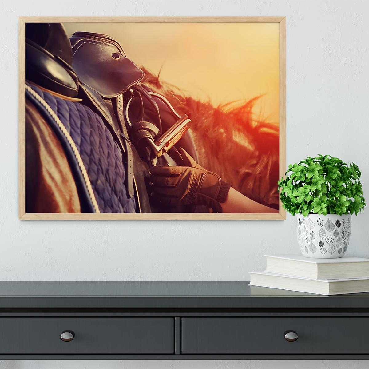 Saddle with stirrups on a back of a horse Framed Print - Canvas Art Rocks - 4