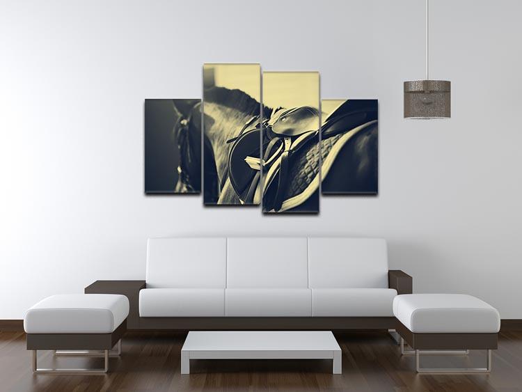 Saddle with stirrups on a back of a sport horse 4 Split Panel Canvas - Canvas Art Rocks - 3
