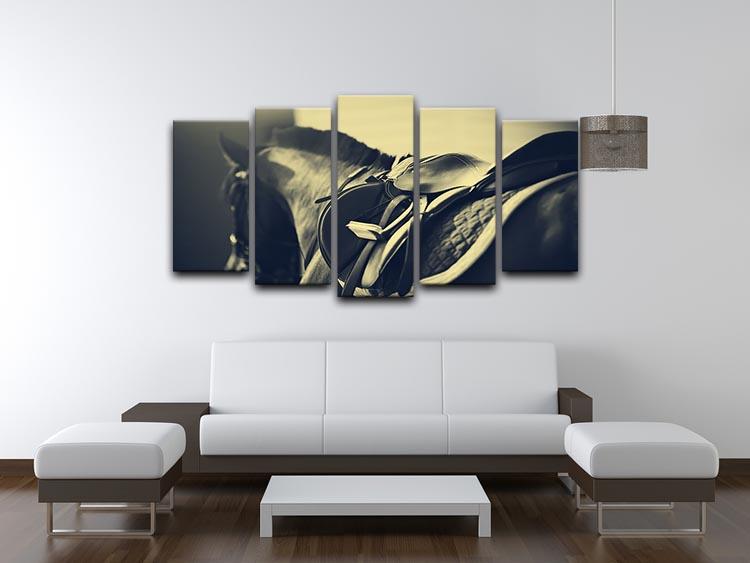 Saddle with stirrups on a back of a sport horse 5 Split Panel Canvas - Canvas Art Rocks - 3