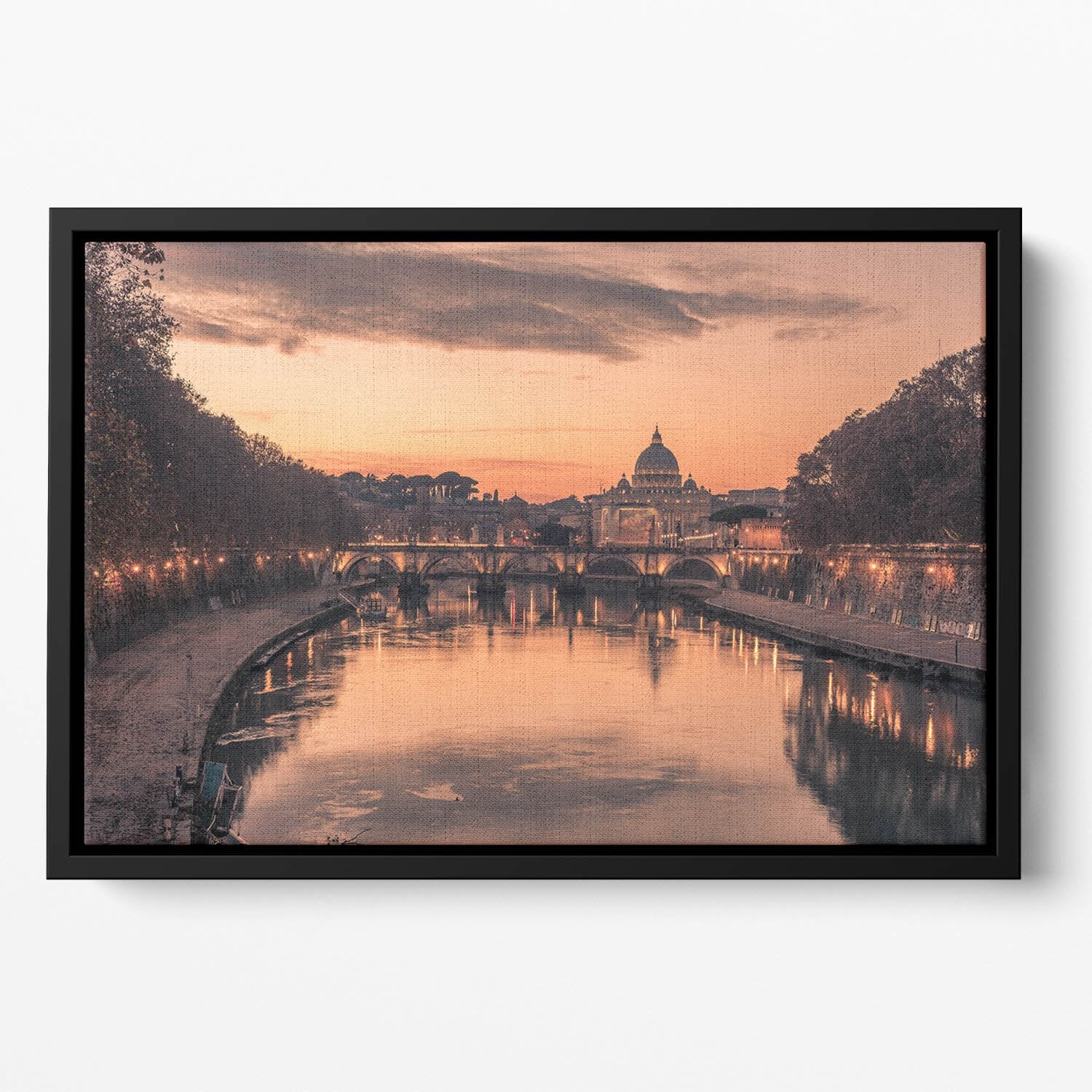 Saint Angelo Bridge and Tiber River in the sunset Floating Framed Canvas
