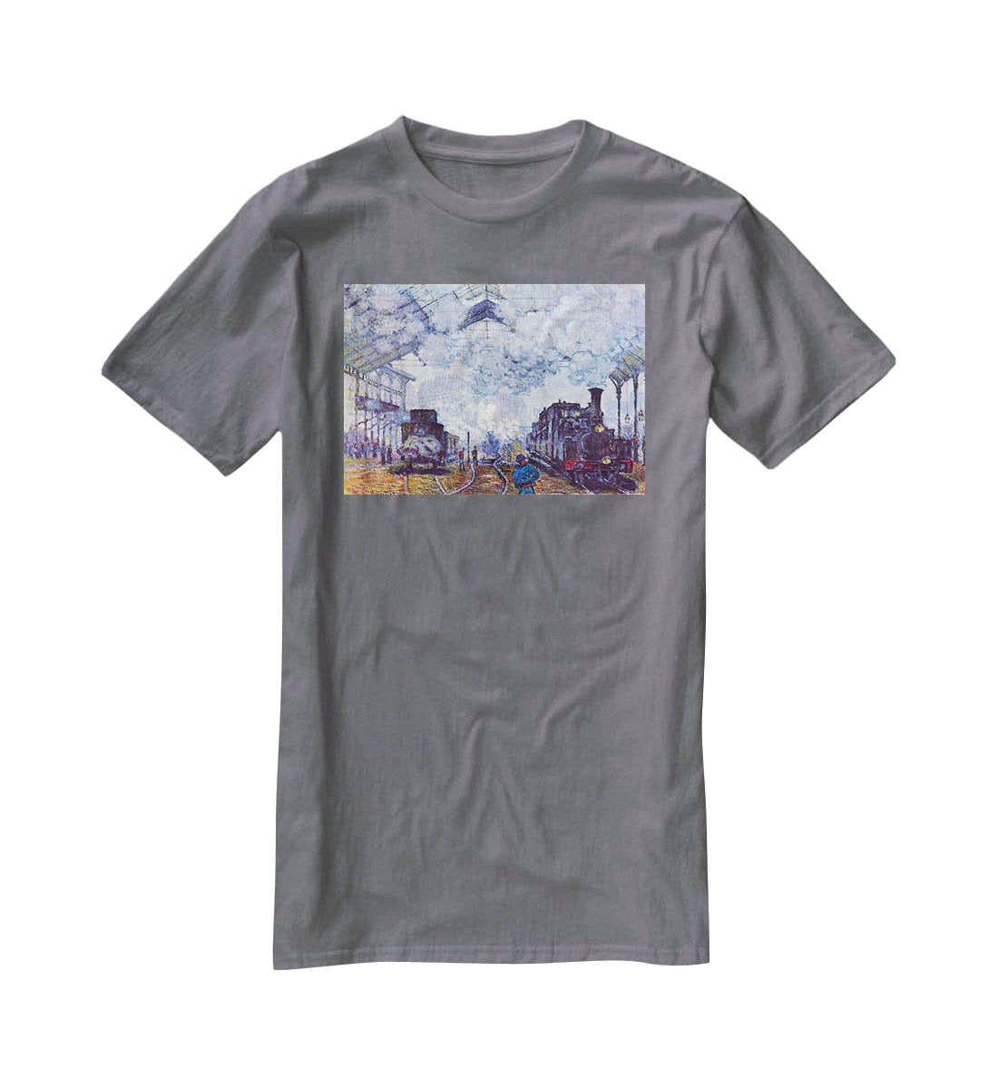 Saint Lazare station in Paris arrival of a train by Monet T-Shirt - Canvas Art Rocks - 3