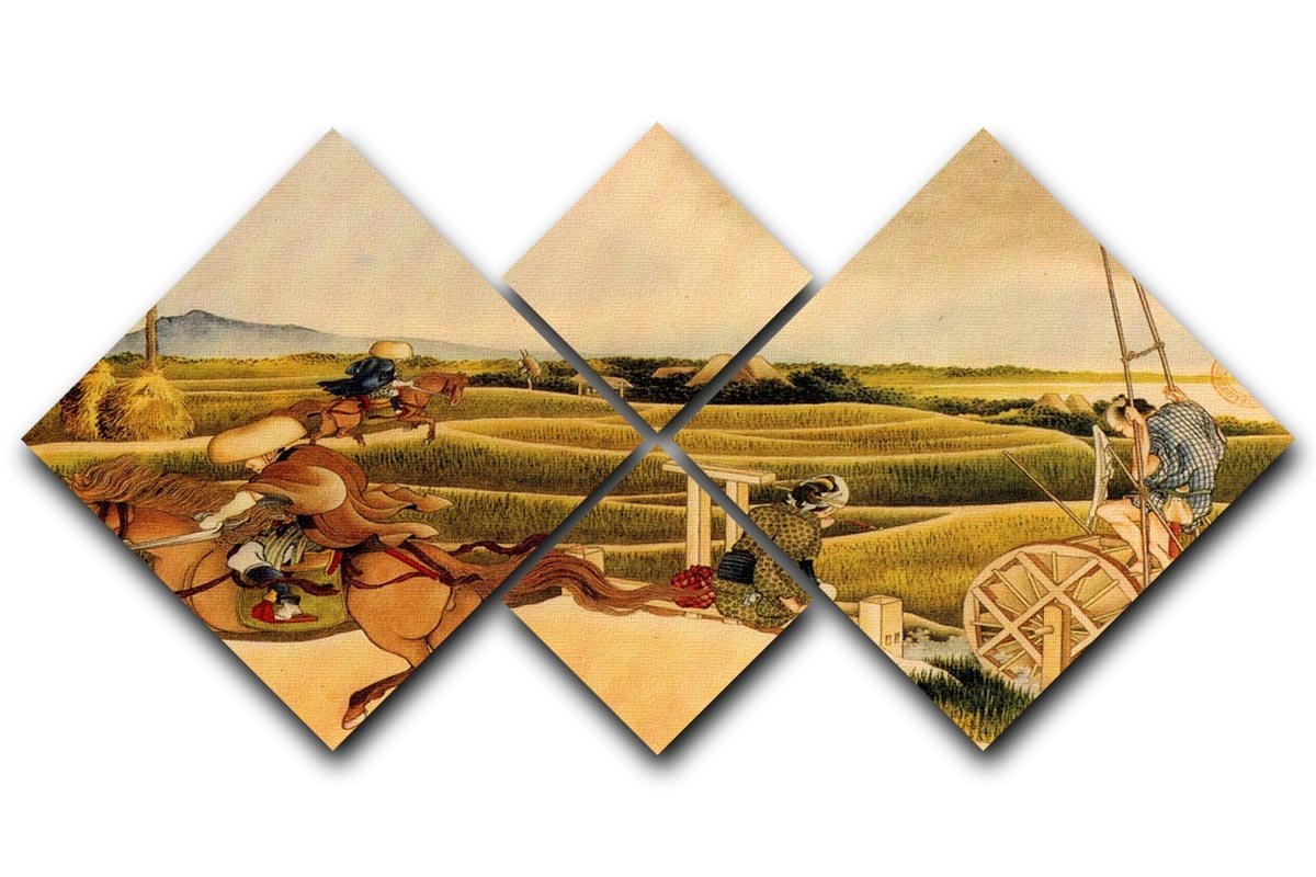 Samurai riding on horses by Hokusai 4 Square Multi Panel Canvas  - Canvas Art Rocks - 1