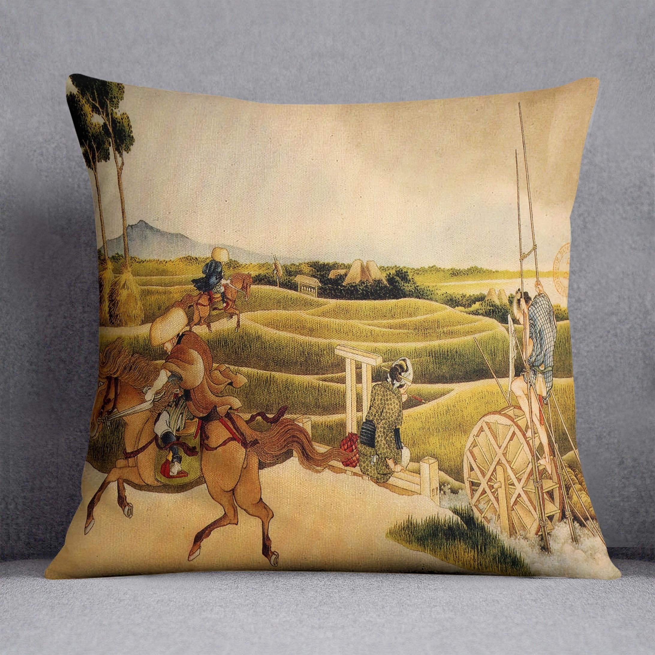 Samurai riding on horses by Hokusai Throw Pillow