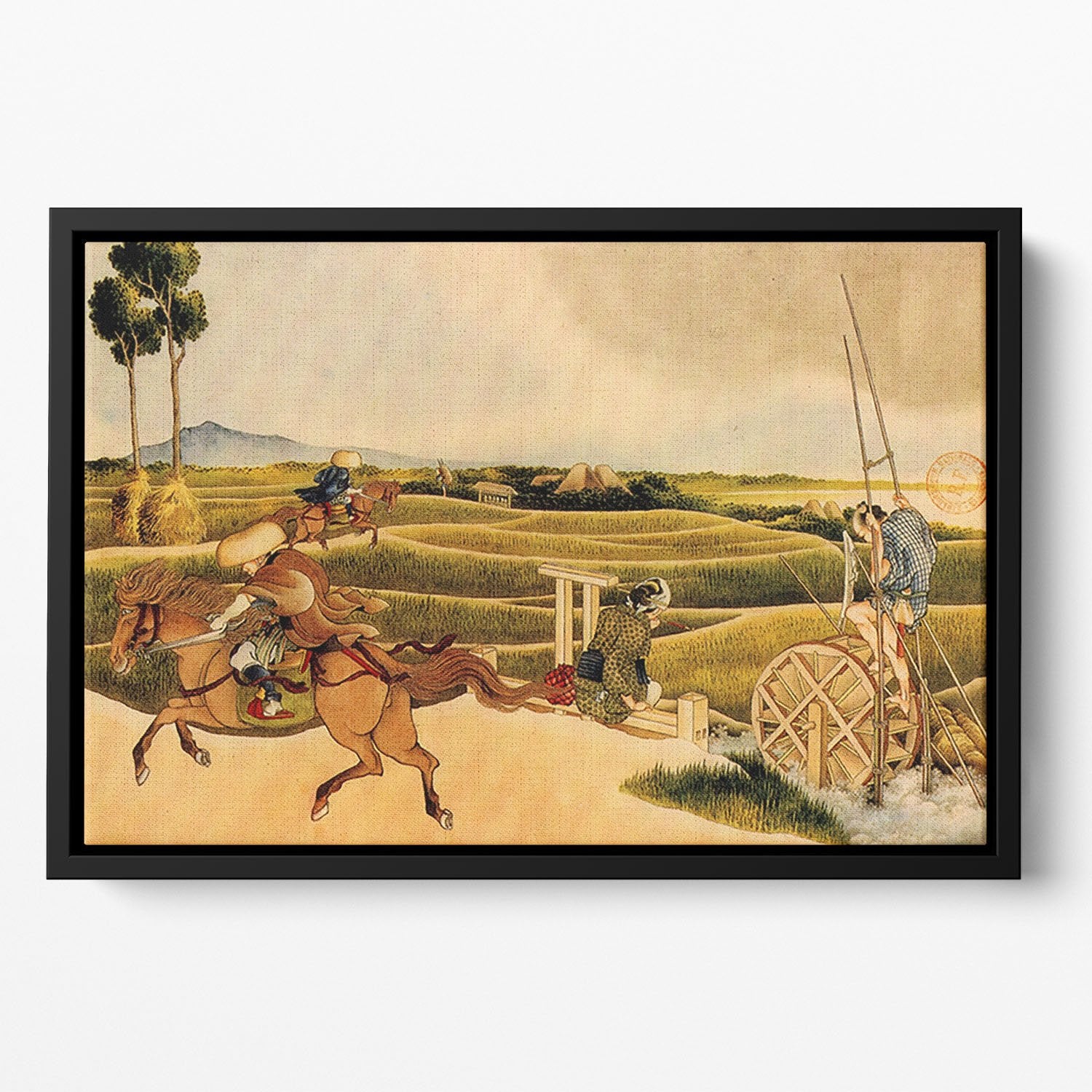 Samurai riding on horses by Hokusai Floating Framed Canvas