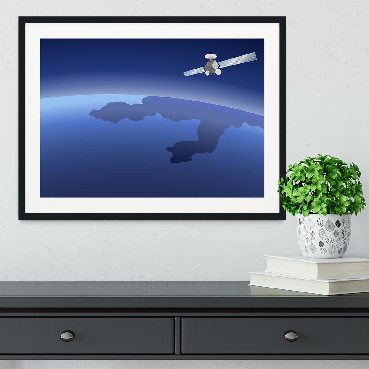 Satellite orbiting around the planet through the space Framed Print - Canvas Art Rocks - 1