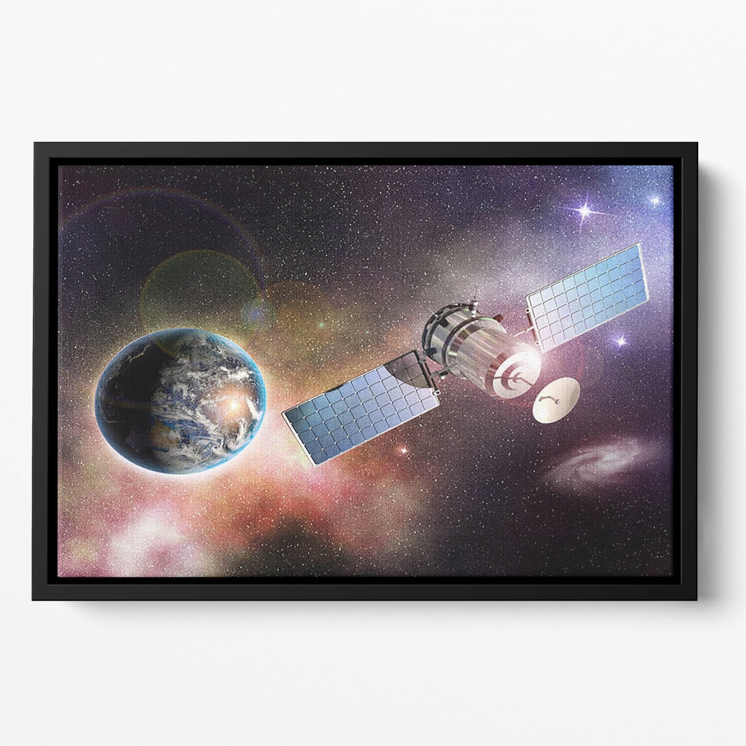 Satellite orbiting the earth in the outer space Floating Framed Canvas
