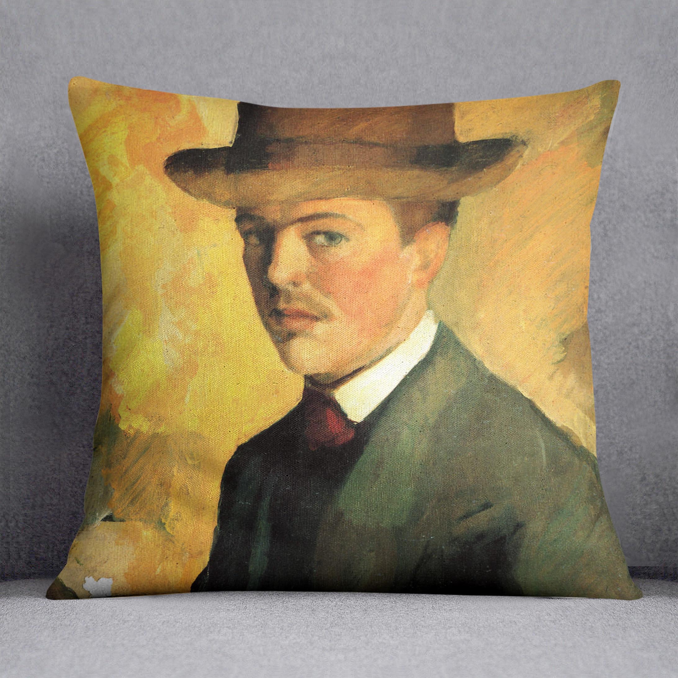 Self-Portrait with Hat by Macke Cushion - Canvas Art Rocks - 1