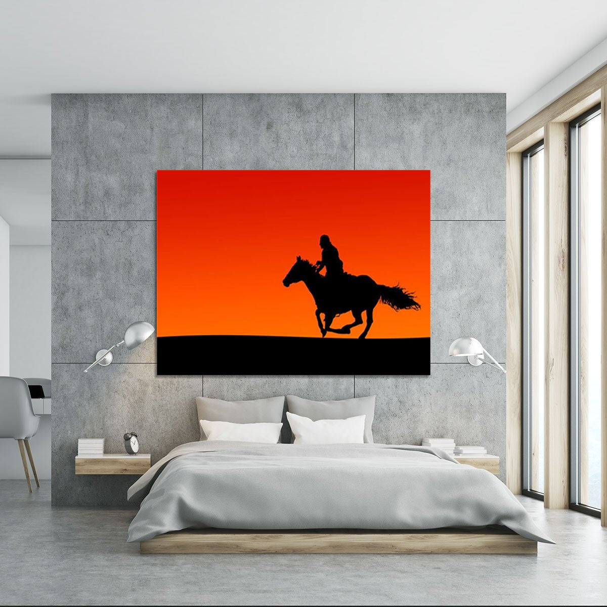 Silhouette of a horse and rider at sunset Canvas Print or Poster
