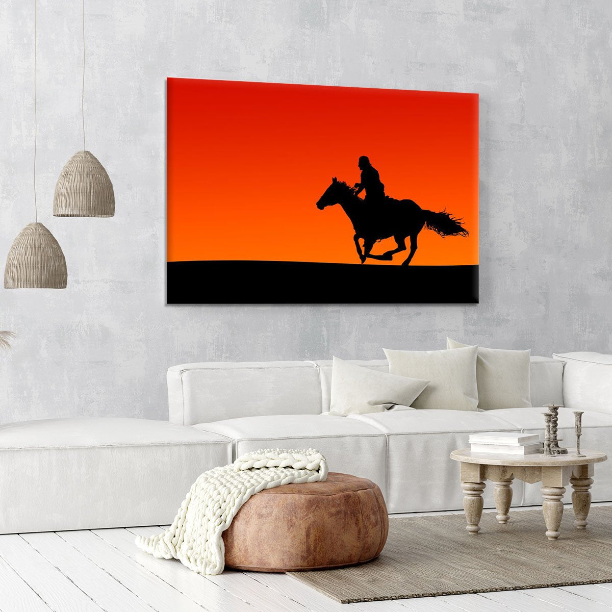 Silhouette of a horse and rider at sunset Canvas Print or Poster
